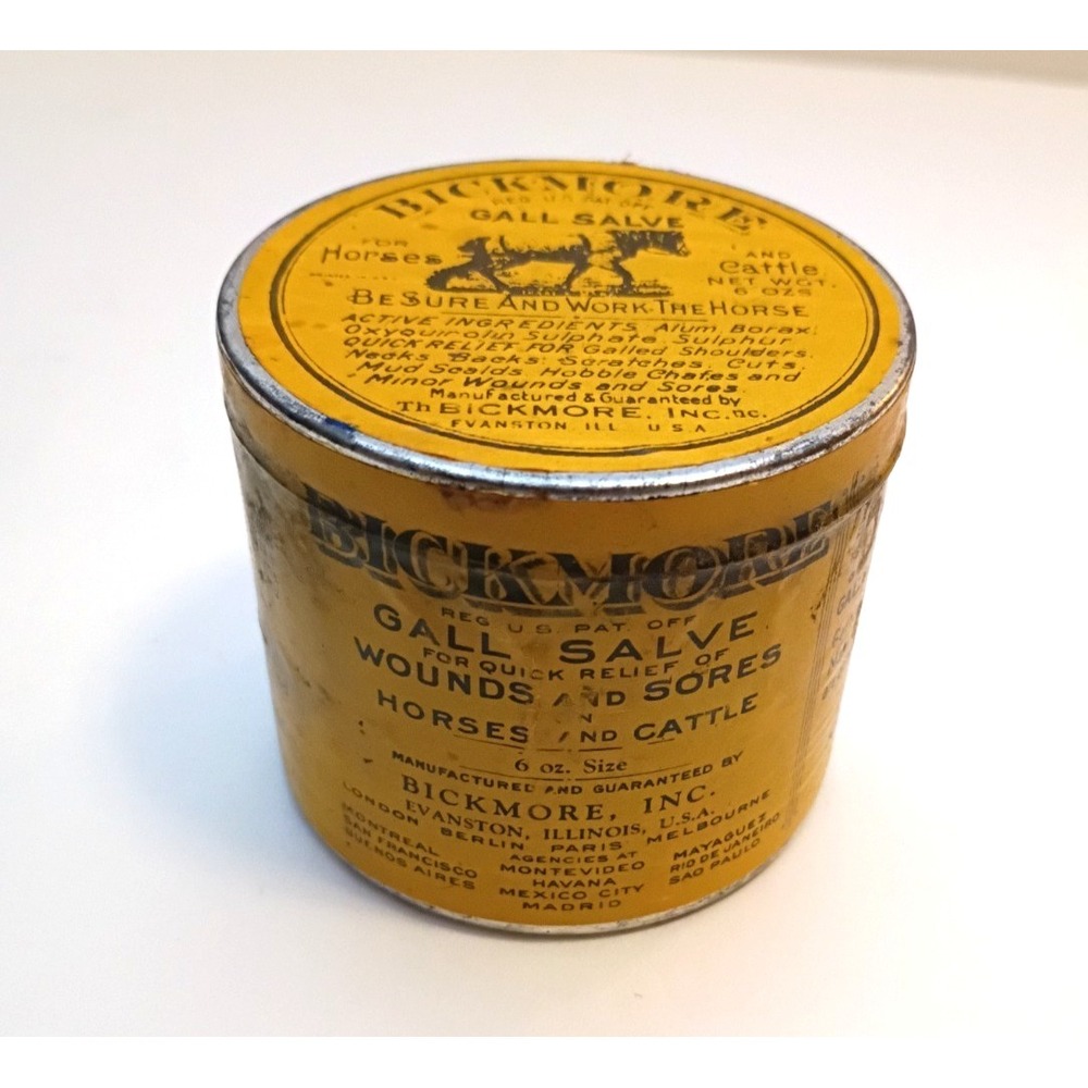 Vintage New Unopened Bickmore Inc. USA Gall Salve 6 oz Tin Horses & Cattle Farm‎